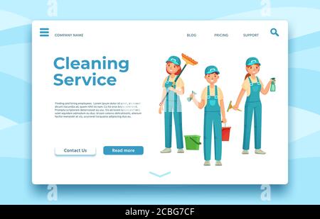 Cleaning service landing page. Professional housekeeping, people with special equipment Stock Vector