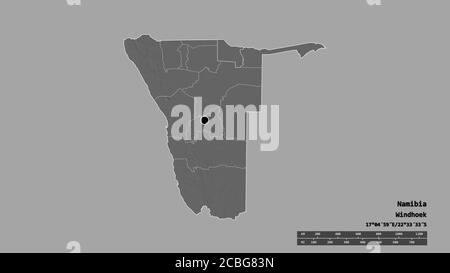 Desaturated shape of Namibia with its capital, main regional division and the separated Kavango West area. Labels. Bilevel elevation map. 3D rendering Stock Photo