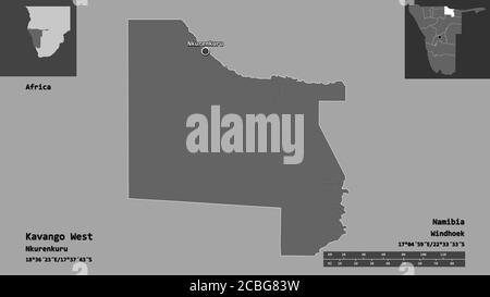 Shape of Kavango West, region of Namibia, and its capital. Distance scale, previews and labels. Bilevel elevation map. 3D rendering Stock Photo