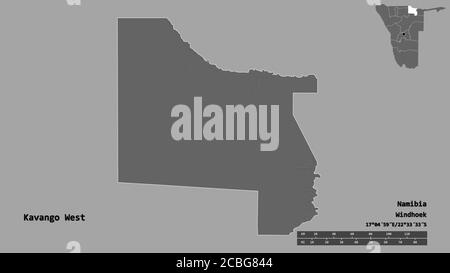 Shape of Kavango West, region of Namibia, with its capital isolated on solid background. Distance scale, region preview and labels. Bilevel elevation Stock Photo