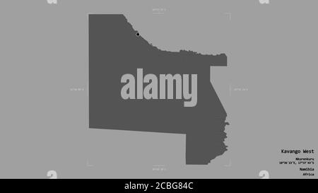 Area of Kavango West, region of Namibia, isolated on a solid background in a georeferenced bounding box. Labels. Bilevel elevation map. 3D rendering Stock Photo