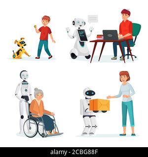 Robots interact with people in various situations Stock Vector