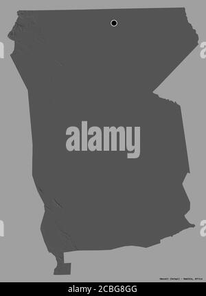 Shape of Omusati, region of Namibia, with its capital isolated on a solid color background. Bilevel elevation map. 3D rendering Stock Photo