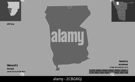 Shape of Omusati, region of Namibia, and its capital. Distance scale, previews and labels. Bilevel elevation map. 3D rendering Stock Photo