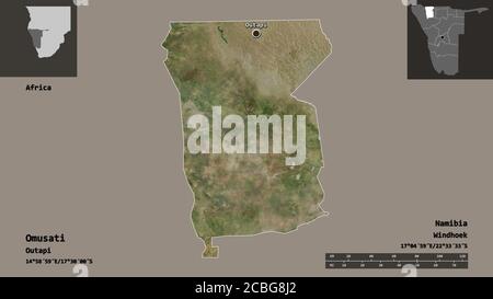 Shape of Omusati, region of Namibia, and its capital. Distance scale, previews and labels. Satellite imagery. 3D rendering Stock Photo