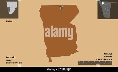 Shape of Omusati, region of Namibia, and its capital. Distance scale, previews and labels. Composition of regularly patterned textures. 3D rendering Stock Photo