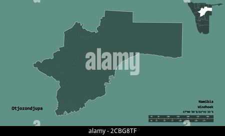 Shape of Otjozondjupa, region of Namibia, with its capital isolated on solid background. Distance scale, region preview and labels. Colored elevation Stock Photo