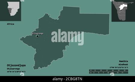 Shape of Otjozondjupa, region of Namibia, and its capital. Distance scale, previews and labels. Colored elevation map. 3D rendering Stock Photo