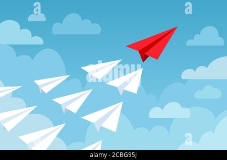 Paper plane. Flying planes white and red color, start up new idea, leadership. Business competition, success financial goal vector concept Stock Vector