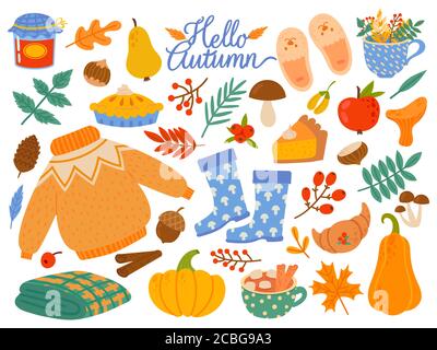 Autumn elements. Falling leaves, yellow plants and food, harvest festival or thanksgiving day seasonal abstract cartoon vector set Stock Vector