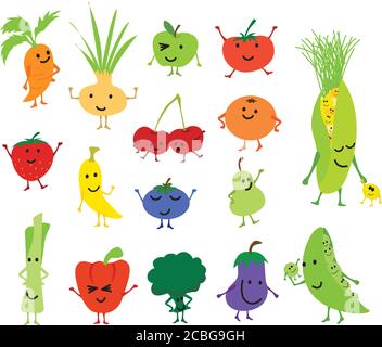 Cartoon vector kawaii cute and funny fruits and veg, characters isolated on white background Stock Photo