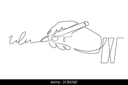 Signature and hand. Document signing, hand with pen signed contract. Person authentication, autograph, deal continuous line vector concept Stock Vector