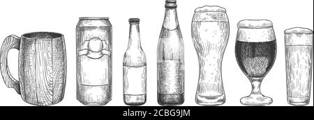 Sketch beer. Beer glasses, mugs and bottles with beer, object for web, poster and invitation party or pub menu vintage hand drawn vector set Stock Vector