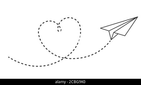Paper plane with heart path. Flying airplane with dotted air route in heart form, romantic or message valentine day card vector design Stock Vector