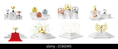 Winner podium, medal and cups. Trophies on illuminated podium for ceremony award, prizes on stair-steps pedestal, realistic vector set Stock Vector