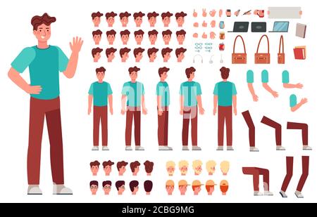 Cartoon male character kit. Man animation body parts, guy in casual clothes. Boy constructor with hand gestures and various heads vector set Stock Vector