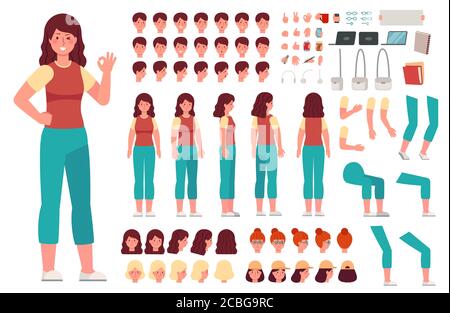 Cartoon female character kit. Woman casual clothes animation body parts. Girl constructor with hand gestures and various heads vector set Stock Vector