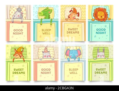 Sweet dreams card with sleeping animals set Stock Vector