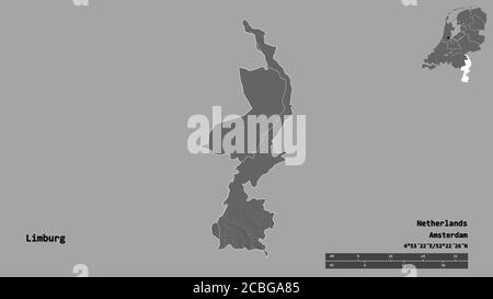 Shape of Limburg, province of Netherlands, with its capital isolated on solid background. Distance scale, region preview and labels. Bilevel elevation Stock Photo