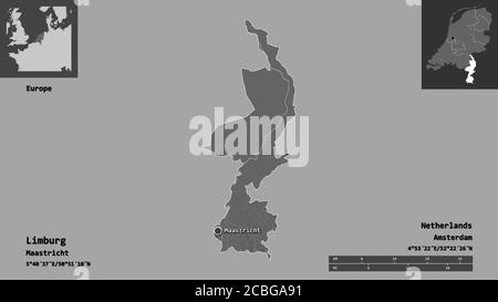 Shape of Limburg, province of Netherlands, and its capital. Distance scale, previews and labels. Bilevel elevation map. 3D rendering Stock Photo