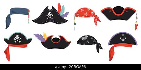 Pirates hats. Sea piracy cap fashion, buccaneer headgear Stock Vector