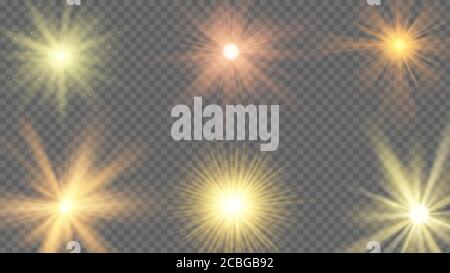 Sun ray effect. Starburst yellow shine, sunlight radiance on transparent background. Sunshine beams, summer heat sunbeam vector set Stock Vector