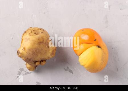 Ugly tomato and potato on gray background, Ugly food consept Stock Photo