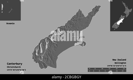 Shape of Canterbury, regional council of New Zealand, and its capital. Distance scale, previews and labels. Bilevel elevation map. 3D rendering Stock Photo