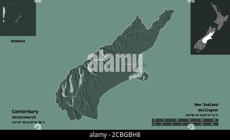 Shape of Canterbury, regional council of New Zealand, and its capital. Distance scale, previews and labels. Colored elevation map. 3D rendering Stock Photo