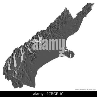 Shape of Canterbury, regional council of New Zealand, with its capital isolated on white background. Bilevel elevation map. 3D rendering Stock Photo