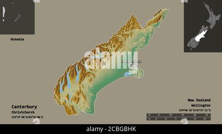 Shape of Canterbury, regional council of New Zealand, and its capital. Distance scale, previews and labels. Topographic relief map. 3D rendering Stock Photo