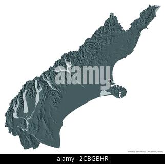 Shape of Canterbury, regional council of New Zealand, with its capital isolated on white background. Colored elevation map. 3D rendering Stock Photo