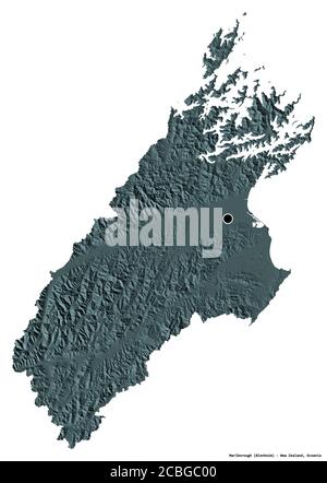 Shape of Marlborough, unitary authority of New Zealand, with its capital isolated on white background. Colored elevation map. 3D rendering Stock Photo