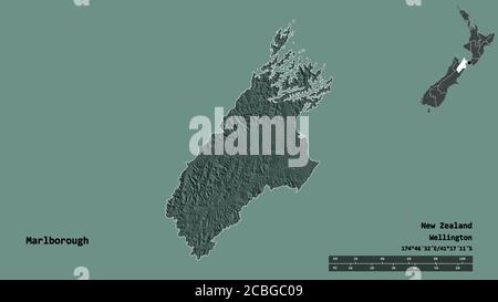 Shape of Marlborough, unitary authority of New Zealand, with its capital isolated on solid background. Distance scale, region preview and labels. Colo Stock Photo