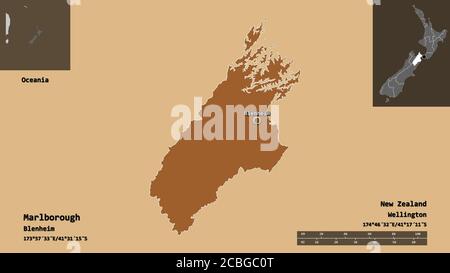 Shape of Marlborough, unitary authority of New Zealand, and its capital. Distance scale, previews and labels. Composition of regularly patterned textu Stock Photo