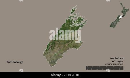 Shape of Marlborough, unitary authority of New Zealand, with its capital isolated on solid background. Distance scale, region preview and labels. Sate Stock Photo