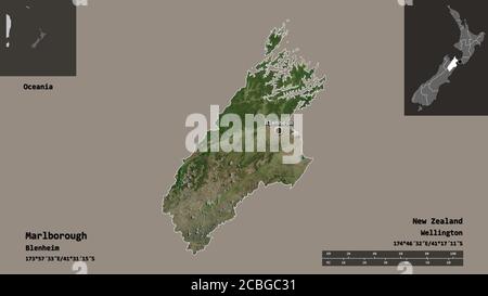 Shape of Marlborough, unitary authority of New Zealand, and its capital. Distance scale, previews and labels. Satellite imagery. 3D rendering Stock Photo