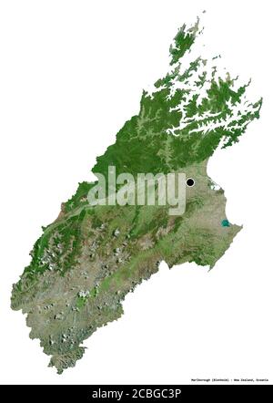 Shape of Marlborough, unitary authority of New Zealand, with its capital isolated on white background. Satellite imagery. 3D rendering Stock Photo