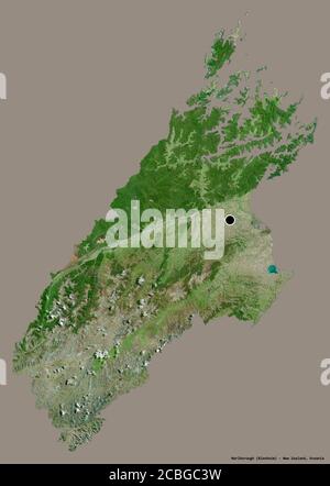 Shape of Marlborough, unitary authority of New Zealand, with its capital isolated on a solid color background. Satellite imagery. 3D rendering Stock Photo