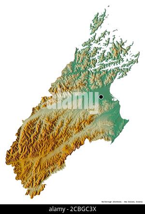 Shape of Marlborough, unitary authority of New Zealand, with its capital isolated on white background. Topographic relief map. 3D rendering Stock Photo