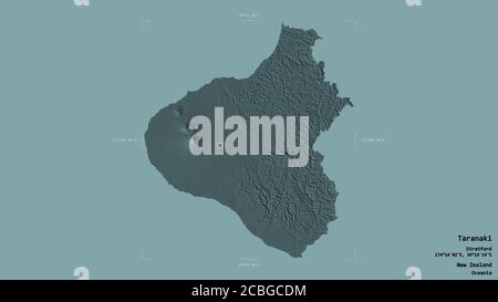 Area of Taranaki, regional council of New Zealand, isolated on a solid background in a georeferenced bounding box. Labels. Colored elevation map. 3D r Stock Photo