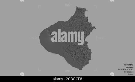 Area of Taranaki, regional council of New Zealand, isolated on a solid background in a georeferenced bounding box. Labels. Bilevel elevation map. 3D r Stock Photo