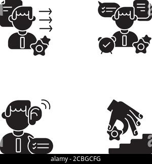 Professional skills development black glyph icons set on white space Stock Vector