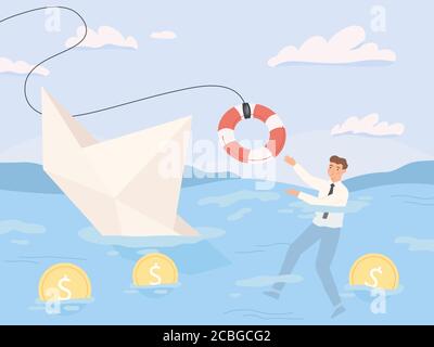 Bankruptcy business. Financial rescue, sinking business in crisis and economic risks. Economy recession or debt loan payback problems vector Stock Vector