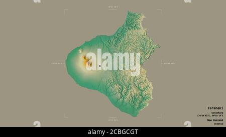 Area of Taranaki, regional council of New Zealand, isolated on a solid background in a georeferenced bounding box. Labels. Topographic relief map. 3D Stock Photo