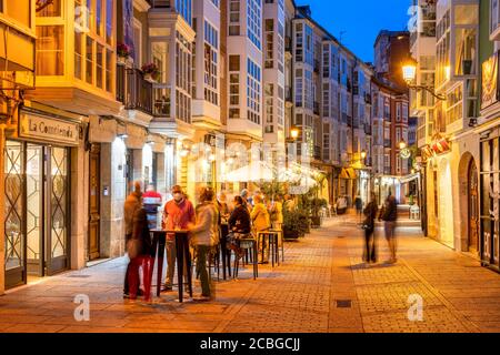 Night street scene, Burgos, Castile and Leon, Spain Stock Photo