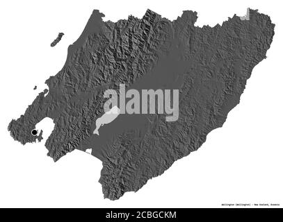 Shape of Wellington, regional council of New Zealand, with its capital isolated on white background. Bilevel elevation map. 3D rendering Stock Photo