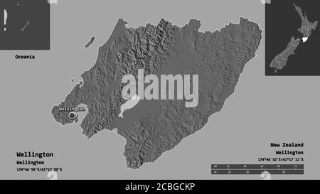 Shape of Wellington, regional council of New Zealand, and its capital. Distance scale, previews and labels. Bilevel elevation map. 3D rendering Stock Photo