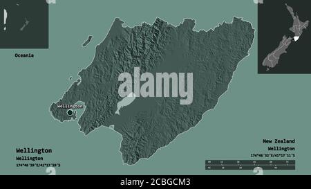 Shape of Wellington, regional council of New Zealand, and its capital. Distance scale, previews and labels. Colored elevation map. 3D rendering Stock Photo