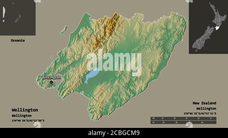 Shape of Wellington, regional council of New Zealand, and its capital. Distance scale, previews and labels. Topographic relief map. 3D rendering Stock Photo